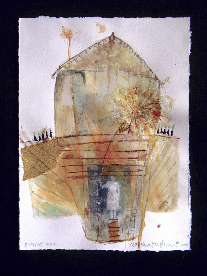 Meaghan Haughian, 'Birthday Wish', 2008, mixed media, fabric + collage on paper, 11.5 x 8.5 inches, SOLD.