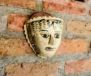 Mexico Folk Art Terracotta Hand Painted Plant Holder with Woman’s Face
