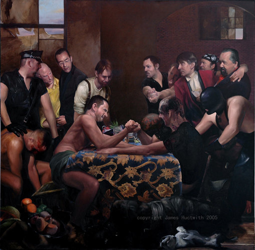 James Huctwith (b. 1967), 'The Arm Wrestlers', 2005, Oil on Canvas, 70 Height x 71 Width / inches.
Signed & dated on verso. Currently in Ottawa, Canada. Asking USD$12,000 