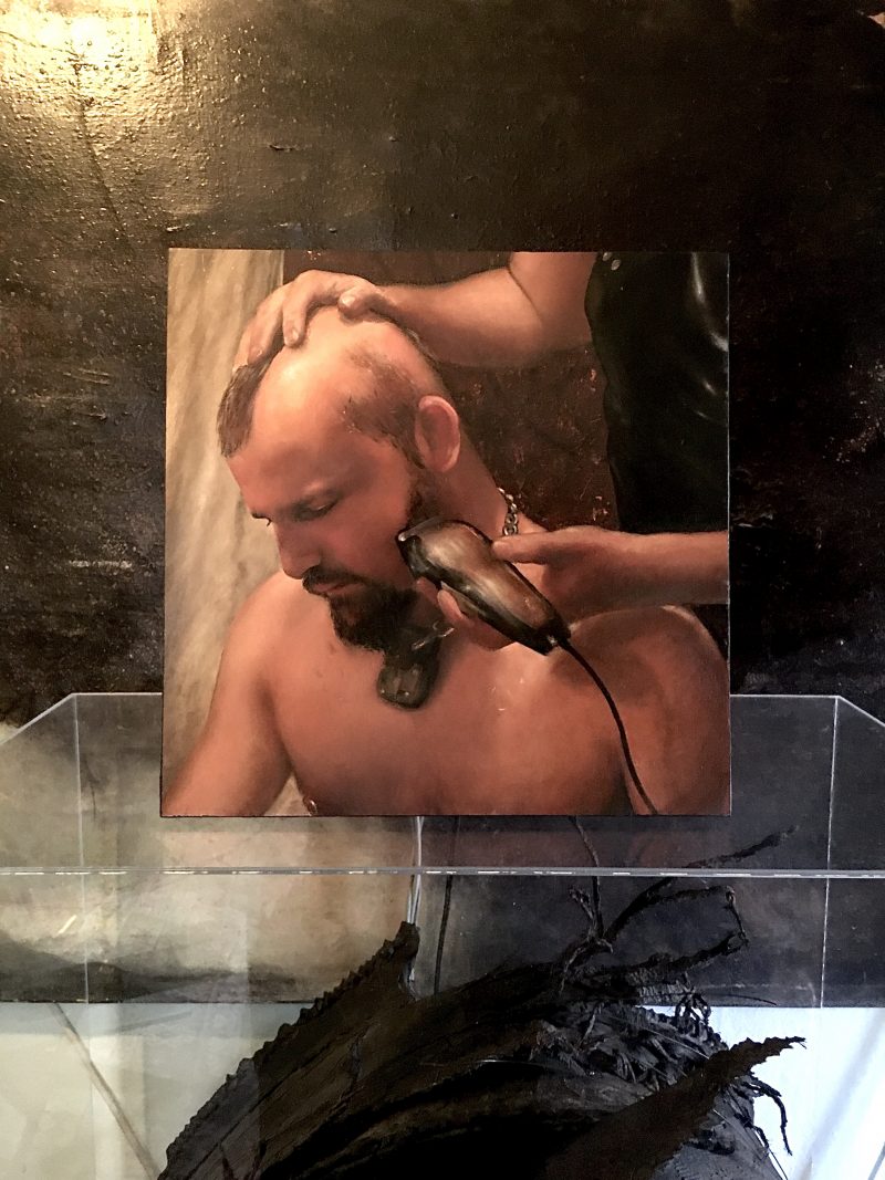 James Huctwith (Toronto, Canada), ‘Dan Getting His Head Shaved ‘ 2008, Oil on Wood Panel, 12 x 12 inches. Signed, dated & titled in black marker on verso. Currently in Ottawa, Canada. USD$1350