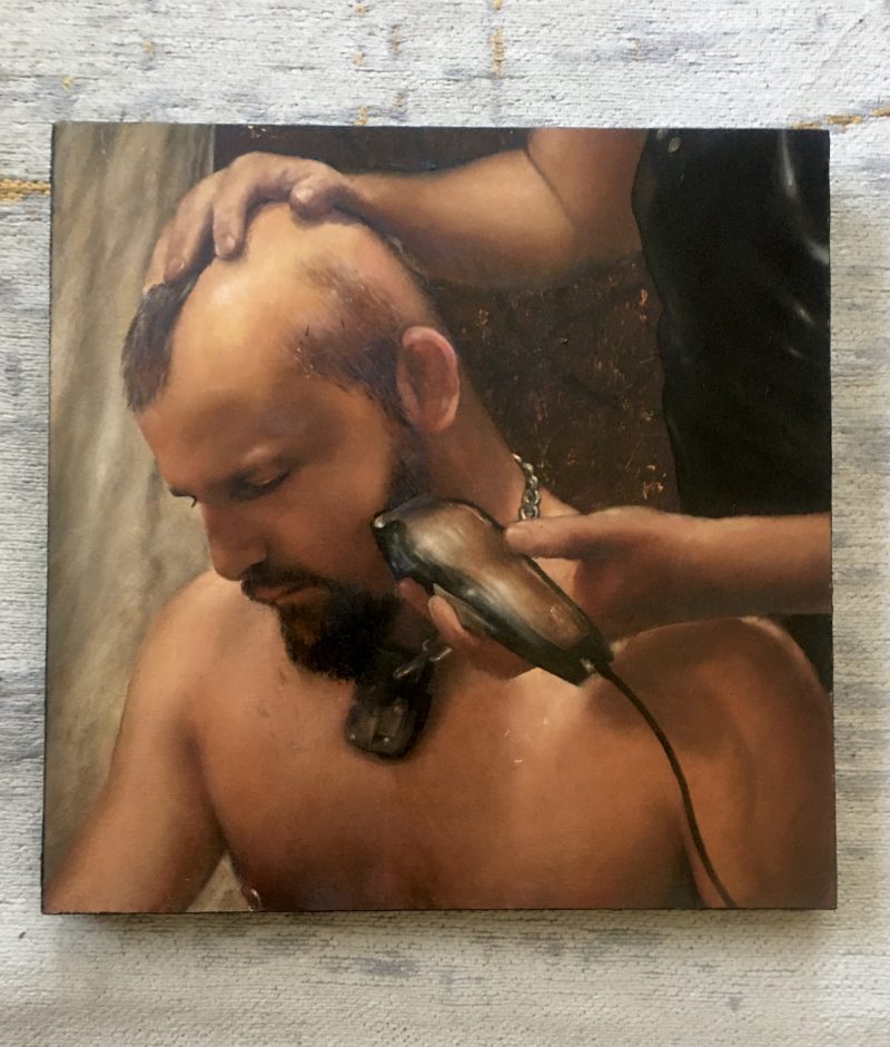 James Huctwith (Toronto, Canada), ‘Dan Getting His Head Shaved ‘ 2008, Oil on Wood Panel, 12 x 12 inches. Signed, dated & titled in black marker on verso. Currently in Ottawa, Canada. USD$1350