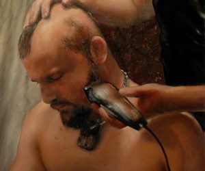 James Huctwith (Toronto, Canada), ‘Dan Getting His Head Shaved ‘ 2008, Oil on Wood Panel Painting