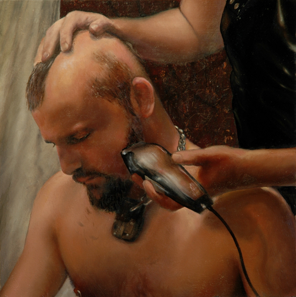 James Huctwith (Toronto, Canada), ‘Dan Getting His Head Shaved ‘ 2008, Oil on Wood Panel, 12 x 12 inches. Signed, dated & titled in black marker on verso. Currently in Ottawa, Canada. USD$1350
