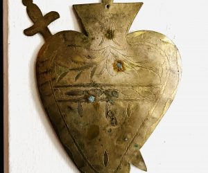 SOLD. Antique Copper Sacred Heart Milagro, Mexico