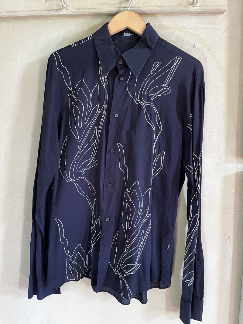 'MATINIQUE The Shirtmaker,' Men Large Custom Shirt, Black with White Decorative Top Stitch/Trim, Founded in 1973 in Copenhagen. $100.