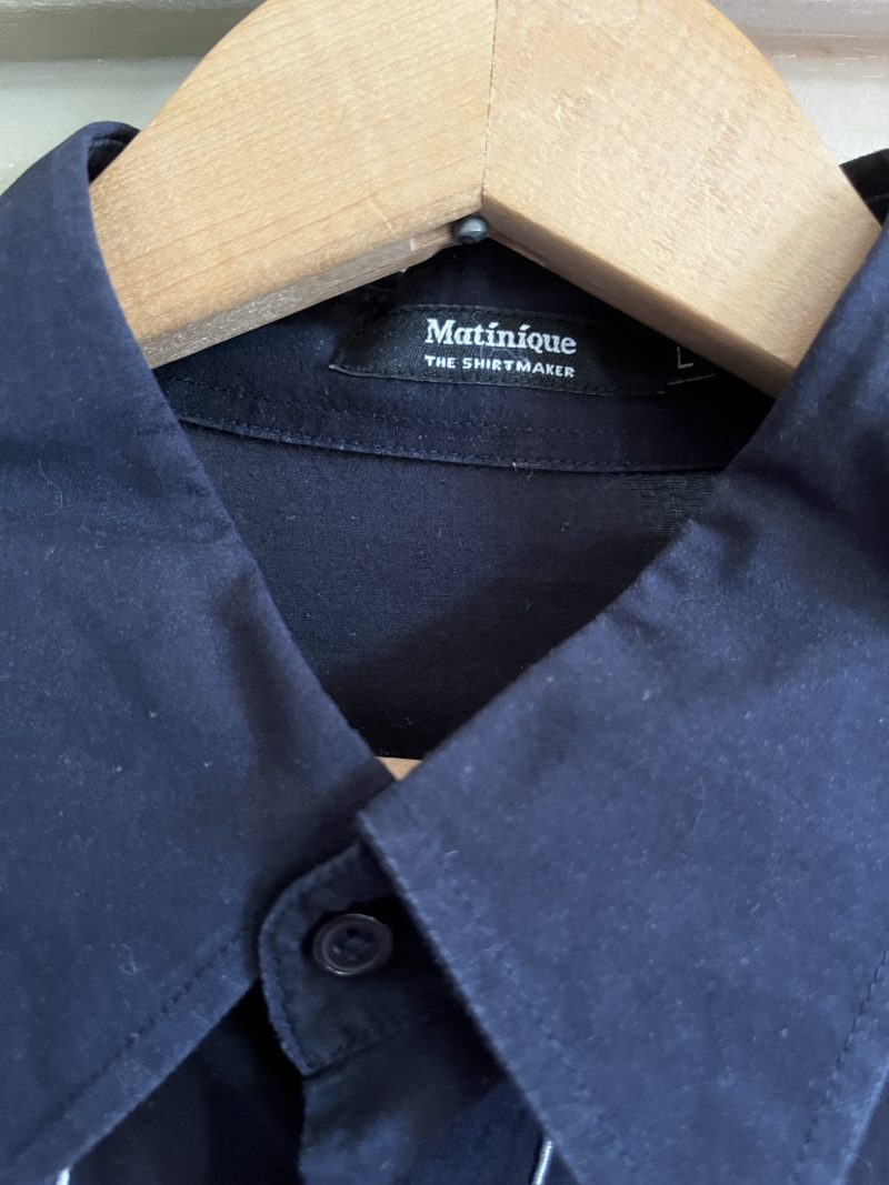 'MATINIQUE The Shirtmaker,' Men Large Custom Shirt, Black with White Decorative Top Stitch/Trim, Founded in 1973 in Copenhagen. $100.