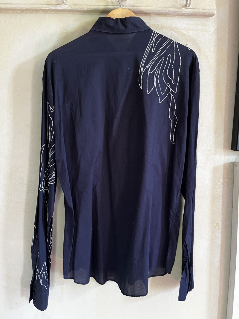 'MATINIQUE The Shirtmaker,' Men Large Custom Shirt, Black with White Decorative Top Stitch/Trim, Founded in 1973 in Copenhagen. $100.