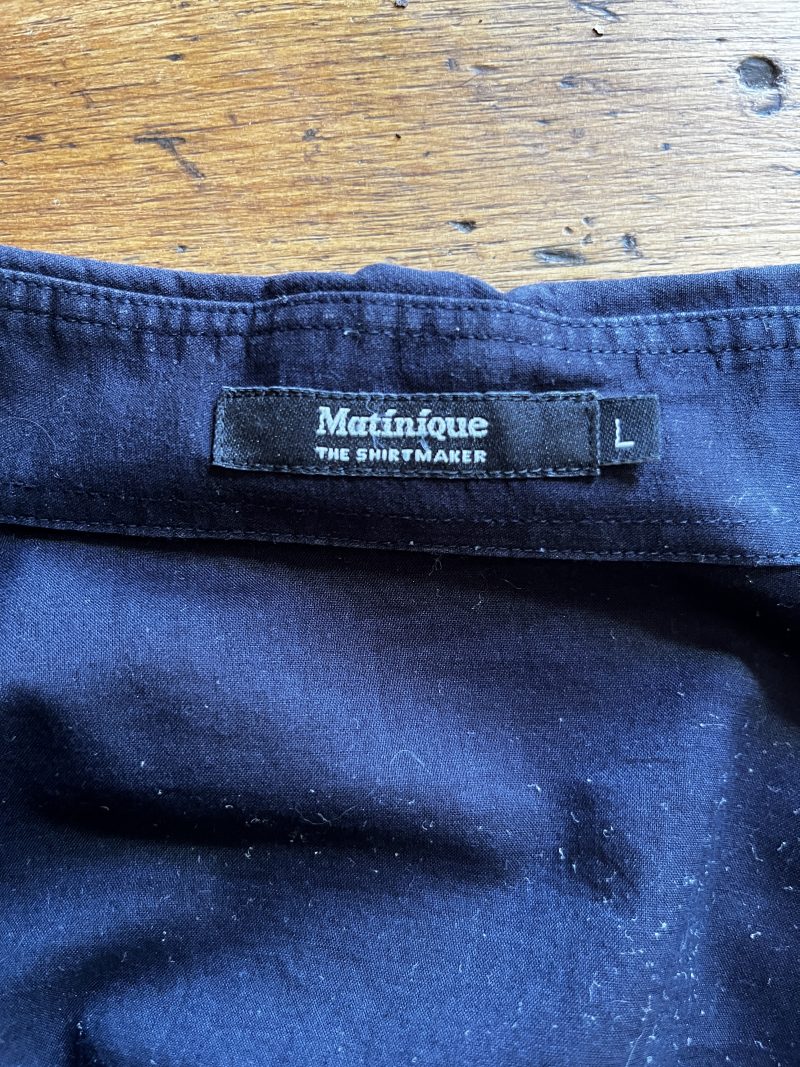 'MATINIQUE The Shirtmaker,' Men Large Custom Shirt, Black with White Decorative Top Stitch/Trim, Founded in 1973 in Copenhagen. $100.