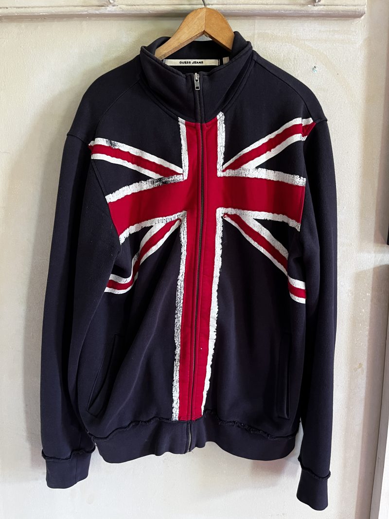 GUESS 'BRITISH FLAG' Sweater with zipper. Guess Jeans Vintage, 1981. MEN X/Large. 85% Cotton. Purchased New York, 2007. $125.