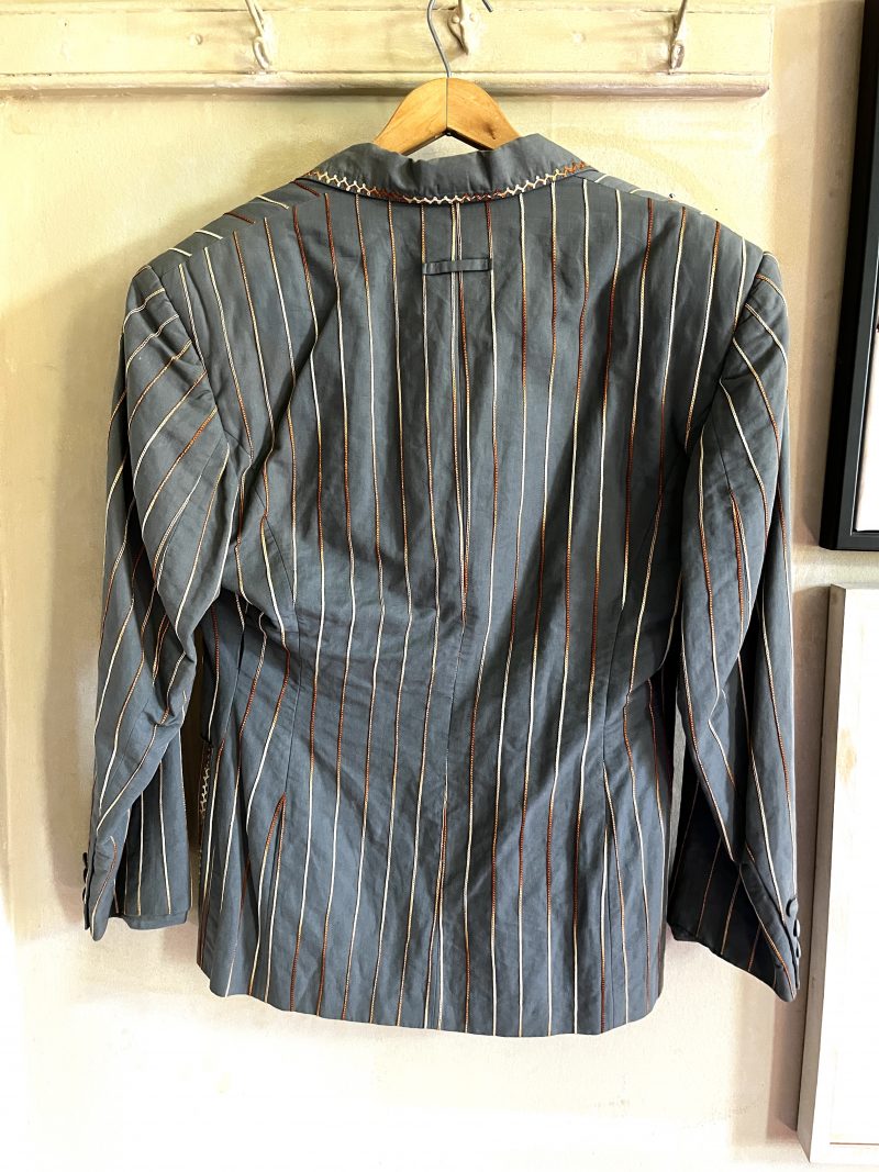 JEAN-PAUL GAULTIER, Homme, Size 50. Made in Italy. Embroidered Jacket, Light Olive Green. Detailed Stitching. Covered Buttons. Stripped Lining for 1 inner pocket & inner sleeves. 3 outer pockets. $400.