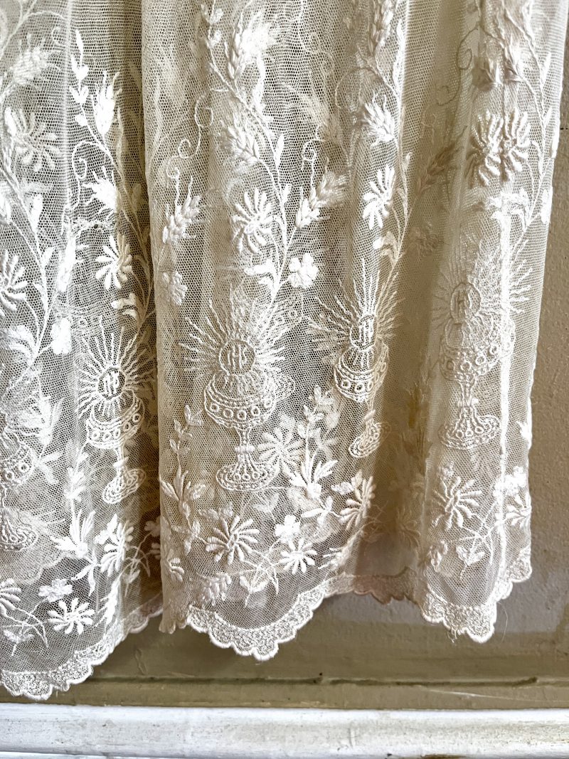 CATHOLIC PRIEST ROBE. Early 1900's. French Choir-Boy Robe White Lace Chorister Garment. Catholic Priest Surplice. Embroidered Chalice & IHS. Label: 'Bertrand Foucher Inc. Montreal. La Procure du Clergé'. Musée des Filles de Jésus. $225.