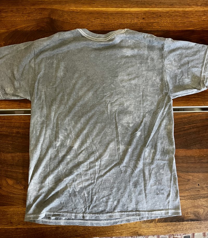 SCOOTER LAFORGE TSHIRT #2, 'FAKE CHANEL', Large Men (Unisex), Hand Painted & Printed & Dyed Cotton Grey T-shirt with Custom Hand-Stitched Label with 'Bear & Hearts: Classic trademarks  from the earlier years. Notice 