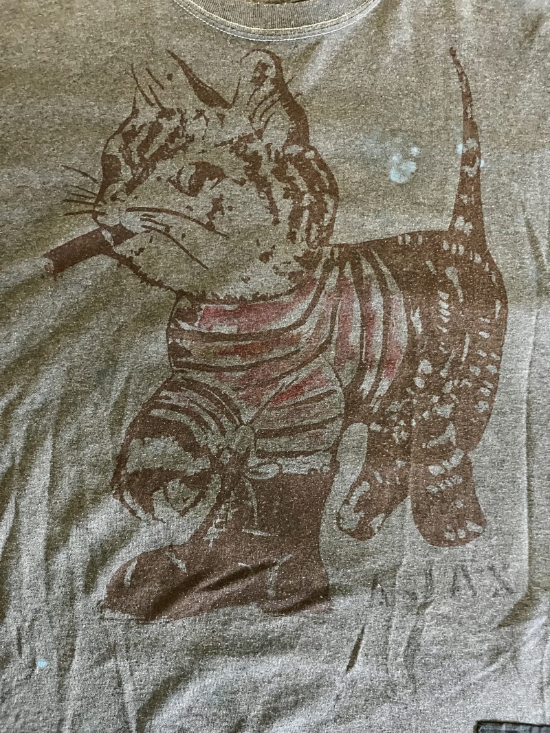 SCOOTER LAFORGE TSHIRT #1, 'AJAX the CAT', Large Men (Unisex), Hand Painted & Printed & Dyed Cotton Grey T-shirt with Custom Hand-Stitched Label with 'Bear & Hearts': Classic trademarks  from the earlier years. USD$200.