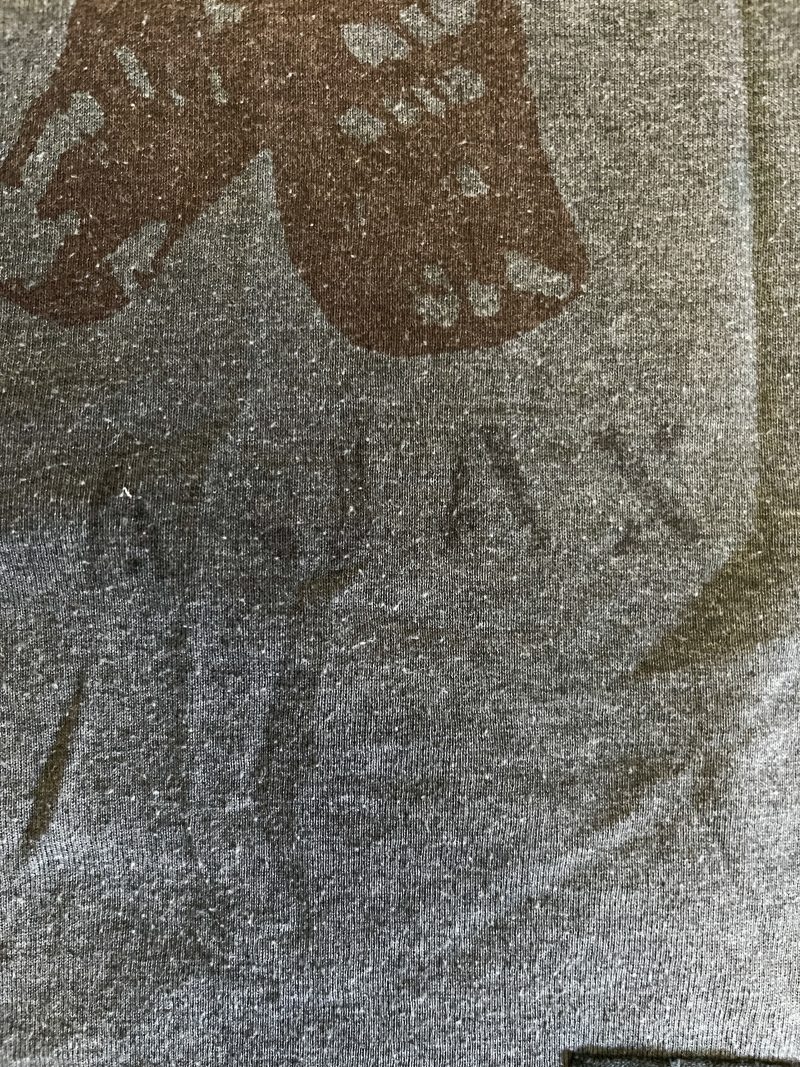 SCOOTER LAFORGE TSHIRT #1, 'AJAX the CAT', Large Men (Unisex), Hand Painted & Printed & Dyed Cotton Grey T-shirt with Custom Hand-Stitched Label with 'Bear & Hearts': Classic trademarks  from the earlier years. USD$200.