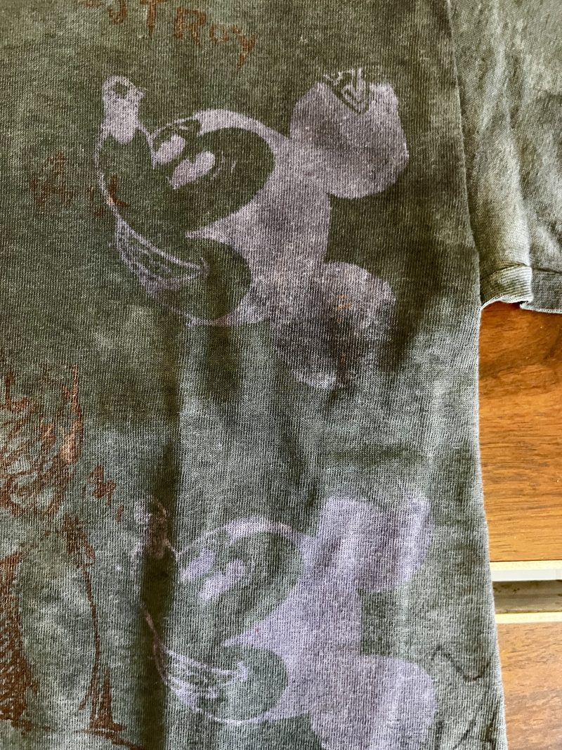 SCOOTER LAFORGE TSHIRT #2, ''GOLD GLITTER SELF SUCK', Medium/Large Men (Unisex), Hand Painted & Printed & Dyed Cotton Grey T-shirt with Custom Hand-Stitched Label with 'Bear & Hearts': Classic trademarks  from the earlier years. Notice 'Disney' reference Mickey Mouse & Dopey (Sleeping Beauty). USD$200.