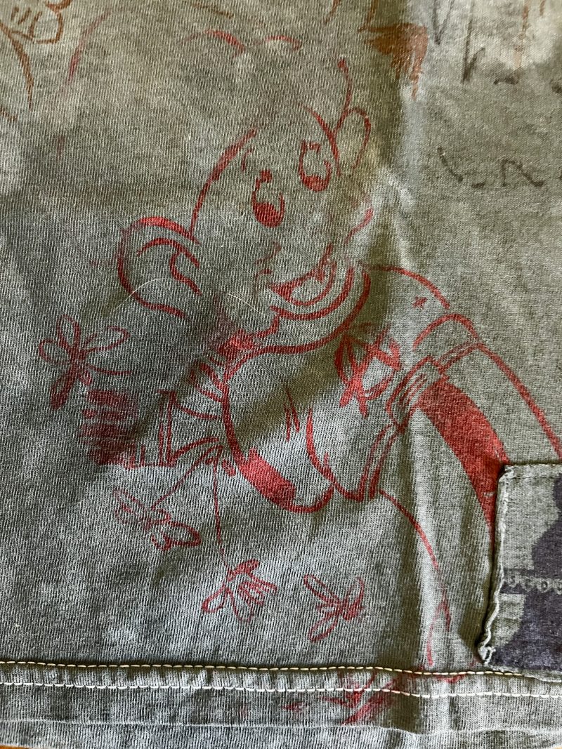 SCOOTER LAFORGE TSHIRT #2, ''GOLD GLITTER SELF SUCK', Medium/Large Men (Unisex), Hand Painted & Printed & Dyed Cotton Grey T-shirt with Custom Hand-Stitched Label with 'Bear & Hearts': Classic trademarks  from the earlier years. Notice 'Disney' reference Mickey Mouse & Dopey (Sleeping Beauty). USD$200.