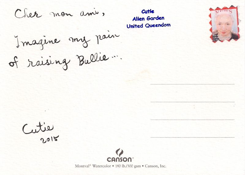 Noriko Shinohara (New York, USA), 'Raising Bullie', 2015, Double-sided hand-made Postcard on Watercolor Paper, Ink, Custom made Stamp by the Artist, Made Exclusively for LPM Gallery. Approx 12 x 18cm. USD$450 each. (BACK)